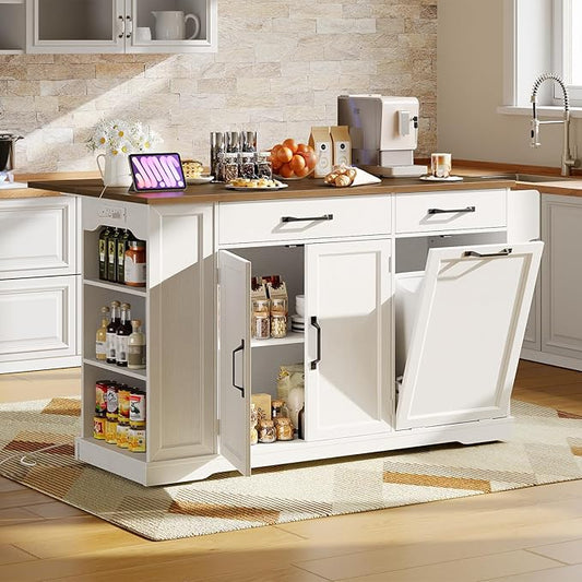 Kitchen Island with Power Outlet & Drop Leaf, Rolling Storage Cart with Trash Storage Cabinet,Farmhouse Mobile Island Table for Kitchen, Dining Room, Hidden Casters, White and Walnut