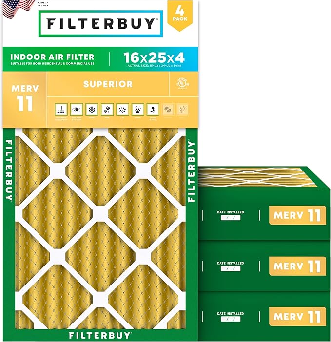 Filterbuy 16x25x4 Air Filter MERV 11 (MPR 1200) Allergen Defense Replacement (4-Pack), Electrostatic Pleated HVAC AC Furnace Filters, Made in USA (Actual Size: 15.50 x 24.50 x 3.63)