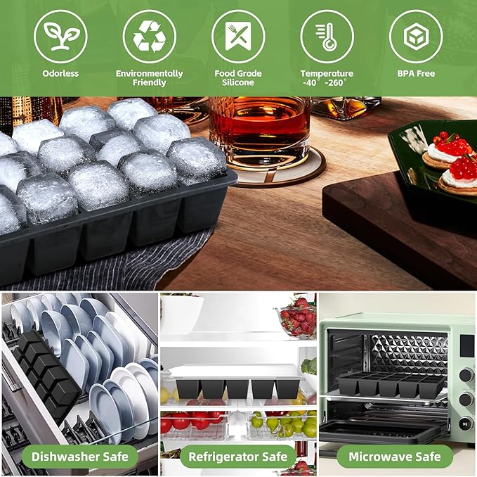 Silicone Ice Cube Tray, 2 Pack Easy-Release Stackable Ice Trays for Freezer with Lid 15 Reusable Cubes, Food Grade BPA Free Ice Molds for Whiskey, Baby Food, Coffee, Cocktail, Drinks (Black)