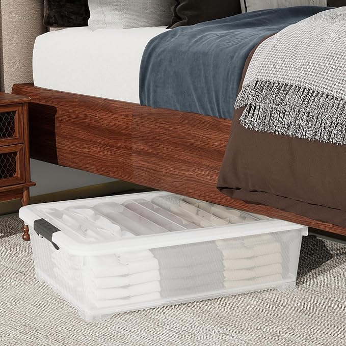 52 Quart Large Plastic Underbed Latching Storage Box, Clear Wheeled Under Bed Storage Bins, 3 Packs