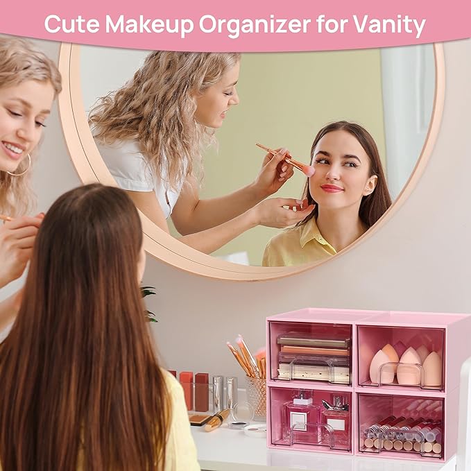 Vtopmart 4Pack Small Stackable Storage Drawers, Bathroom Makeup Organizer,Plastic Storage Bins For Vanity, Undersink, Kitchen Cabinet, Pantry, Home Organization(Pink)