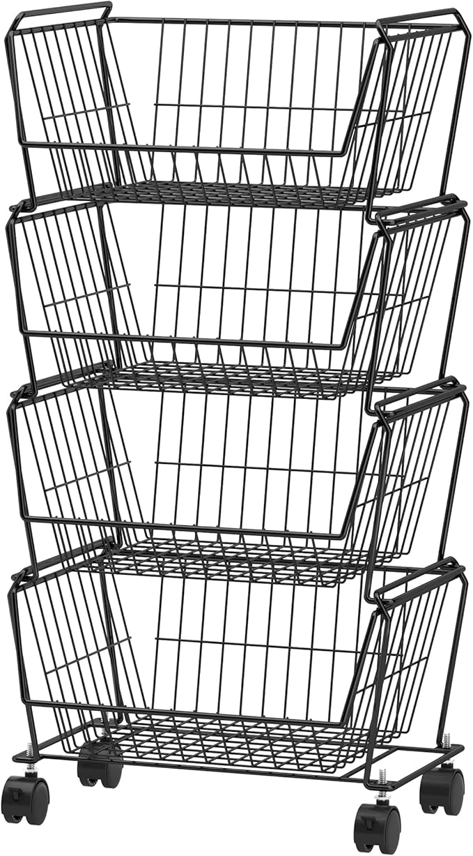 PUSDON 4-Tier Stackable Metal Storage Baskets, Anti-Rust Fruit Vegetable Rack, Dual Use Shelf for Kitchen, Home & Office, Black