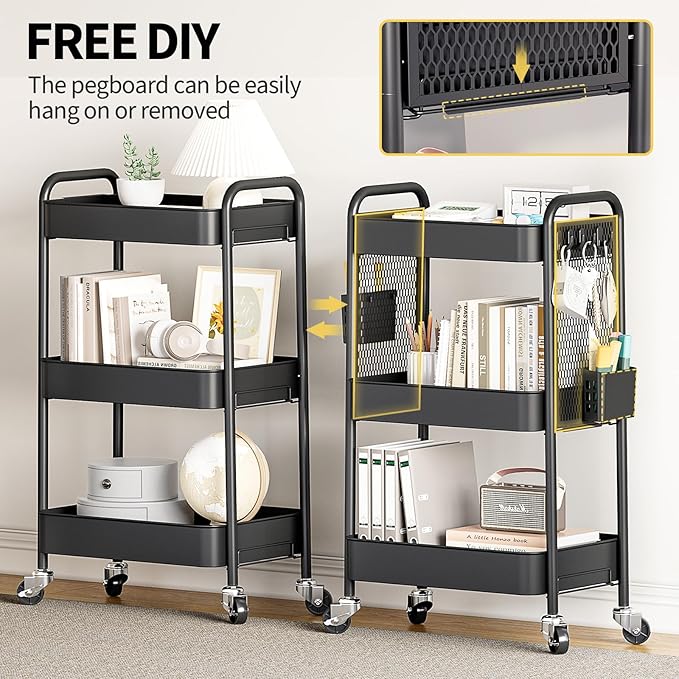 TOOLF 3 Tier Rolling Cart Storage Organizer, Metal Rolling Utility Car with Wheels, Hooks & Bins Esthetician Art Sturdy Storage with Pegboard for Bathroom, Kitchen, Office, Nursery Diaper