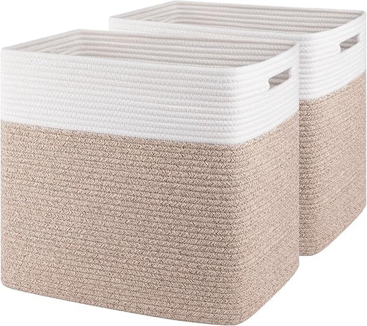 OIAHOMY Storage baskets for Shelf, Large Collapsible Storage Bins, Blanket Basket Living Room, 16.5 x 13 x 15 Inches-Pack of 2-Brown