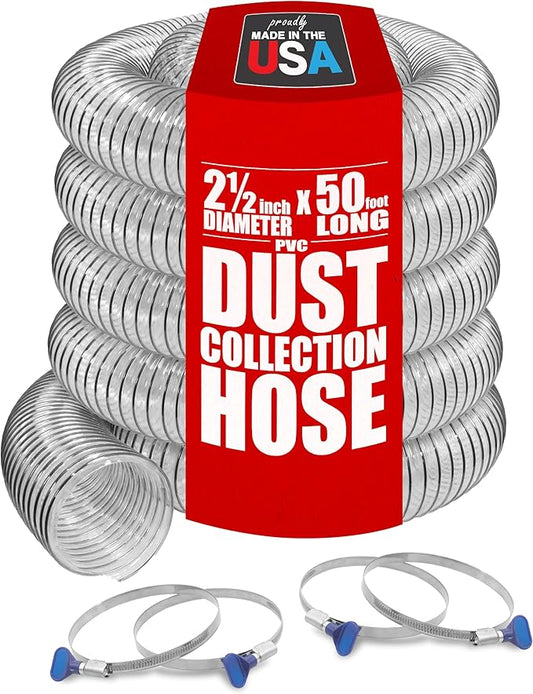 PVC Dust Collection Hose w/4 Thumbscrew Clamps, Puncture Resistant, Carbon Steel Wire, Clear Flexible PVC Dust Collector Hose, Proudly Made in USA (2 1/2" x 50')