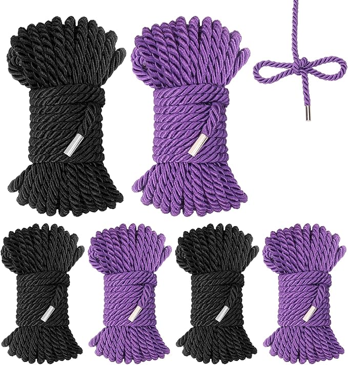 6 PCS Silk Rope Set - 32 Feet Long Nylon Proof Rope Cord and Soft Braided Ropes Black & Purple, Skin Friendly for Crafts, Hanging, DIY Projects and More