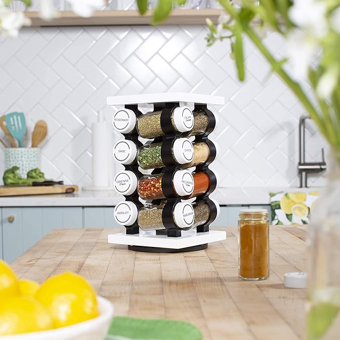 Orii Spice Rack 16 Jar Set White Filled with Spices - Rotating Standing Rack Shelf Holder & Countertop Spice Rack Tower Organizer for Kitchen Spices