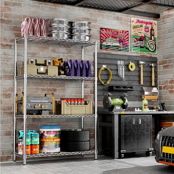Storage Shelves, 36" L x 14" W x 54" H Heavy Duty Garage Wire Shelving Unit Loads 1400LBS, 4-Tier Adjustable Metal Industrial Utility Shelf Rack for Kitchen, Laundry Room, Basement