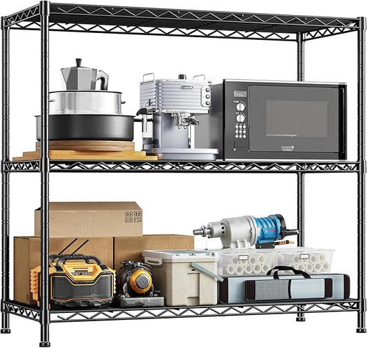 3- Shelf Metal Shelving Unit 35.6Wx14Dx36H Adjustable Storage Shelves Heavy Duty Garage Shelving Steel Wire Shelving for Laundry Bathroom Kitchen Pantry Closet Garage Black