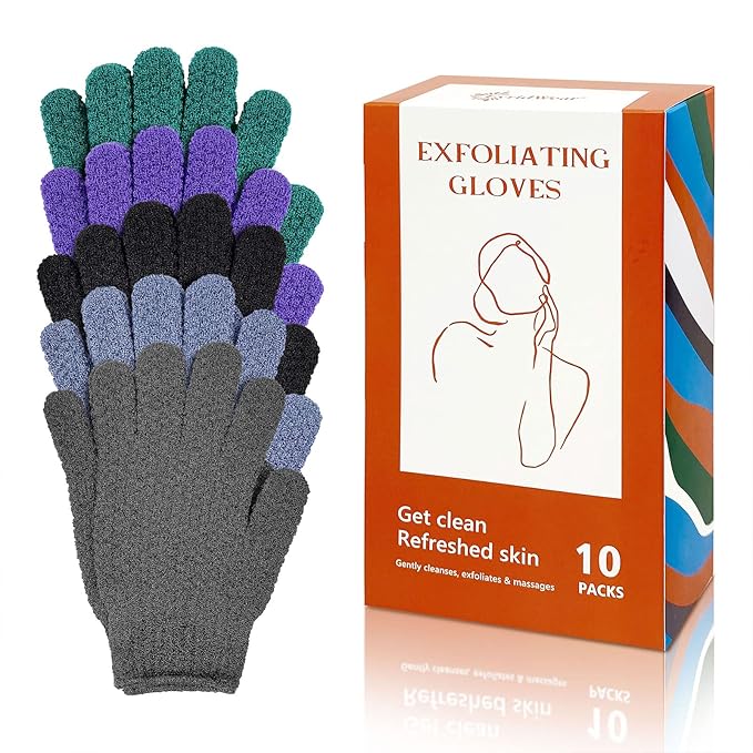 Evridwear Exfoliating Dual Texture Bath Gloves for Shower, Spa, Massage and Body Scrubs, Dead Skin Cell Remover, with Hanging Loop Heavy(5 Pairs Gift Set for Men and Women )