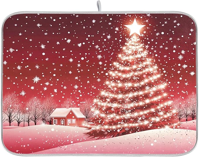 Christmas Tree Red Dish Drying Mat for Kitchen Countertop 16x18 Winter Snow Cabin Xmas Small Drying Mat Reusable Quick Dry Dish Sink Mats Easy Clean Decorative Essentials