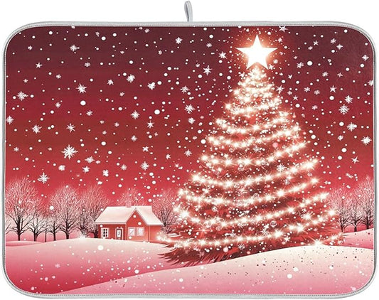Christmas Tree Red Dish Drying Mat for Kitchen Countertop 16x18 Winter Snow Cabin Xmas Small Drying Mat Reusable Quick Dry Dish Sink Mats Easy Clean Decorative Essentials