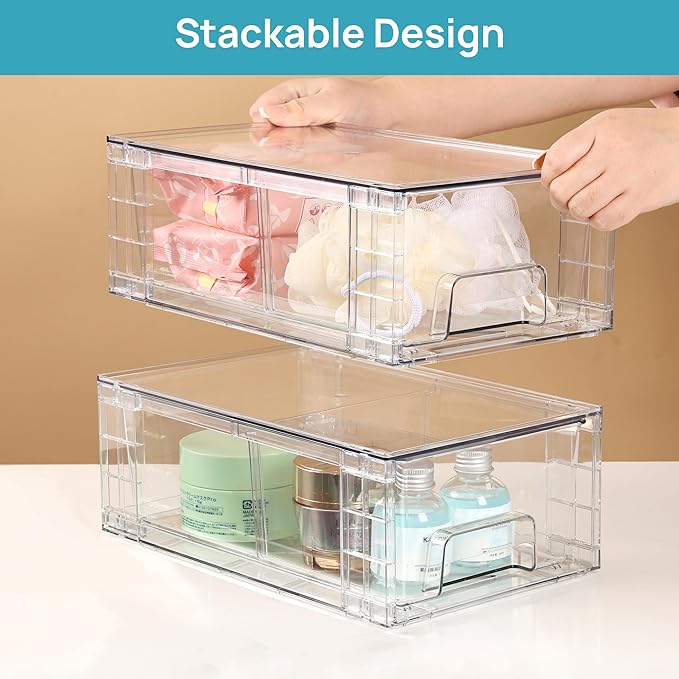 Vtopmart 8 Pack Stackable Storage Drawers,Clear Acrylic Drawer Organizers with Handles, Easily Assemble Containers for Fridge, Bathroom,Kitchen Undersink,Cabinet,Pantry Organization and Storage