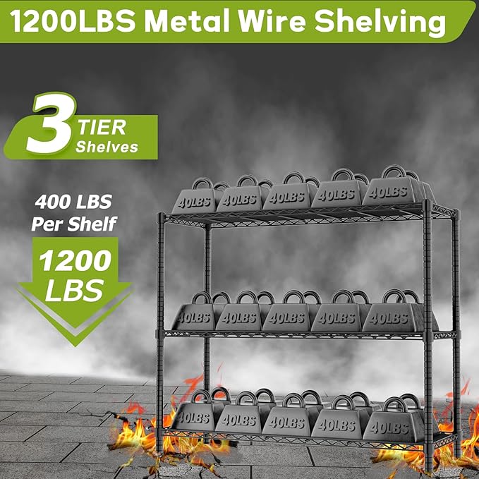 Storage Shelves, 4 PCS 48" L x 20" W x 47" H Heavy Duty Garage Wire Shelving Unit Loads 1200LBS, 3-Tier Adjustable Metal Industrial Utility Shelf Rack for Kitchen, Laundry Room, Basement