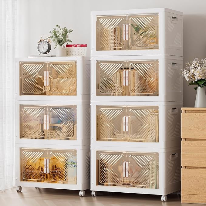 Storage Bins with Lid 76QT, Stackable Storage Containers with Wheels and Magnetic Doors, Plastic Clothes Closet Organizers and Storage Box for Pantry, Home and Office (4 Pack)