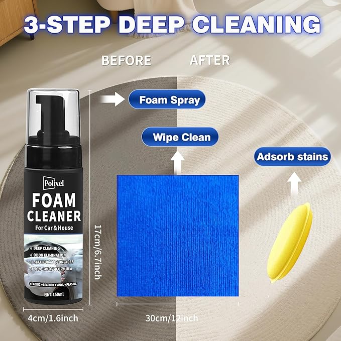 Multifunctional Foam Cleaner for Car - Car Interior Cleaner & Deep Stain Remover for Home, Powerful Foam Removes Dirt and Stains from Seat, Fabric and Carpets - 5oz / 150ml