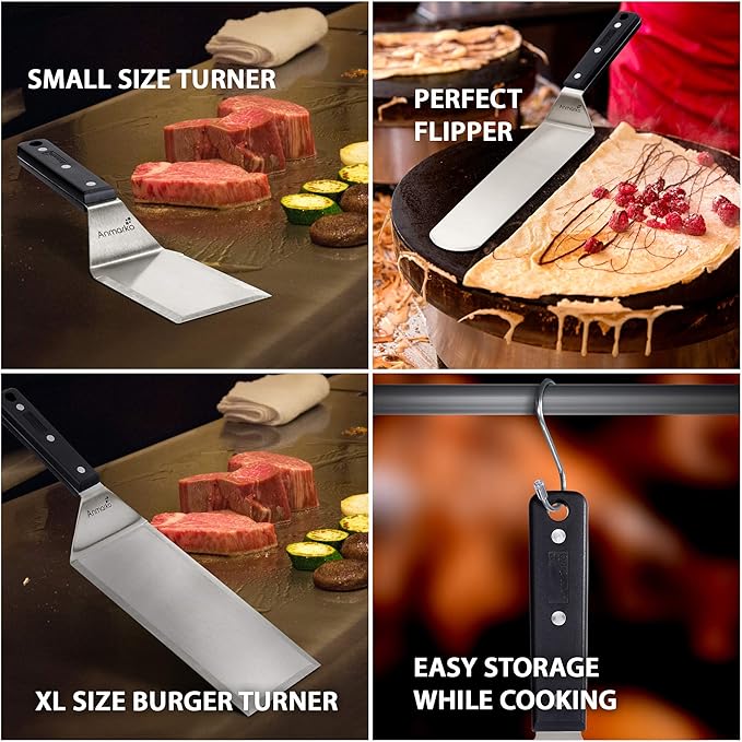 Stainless Steel Spatula Set - Heavy Duty Spatula and Scraper - Great for Cast Iron Griddle BBQ Flat Top Grill - Commercial Grade