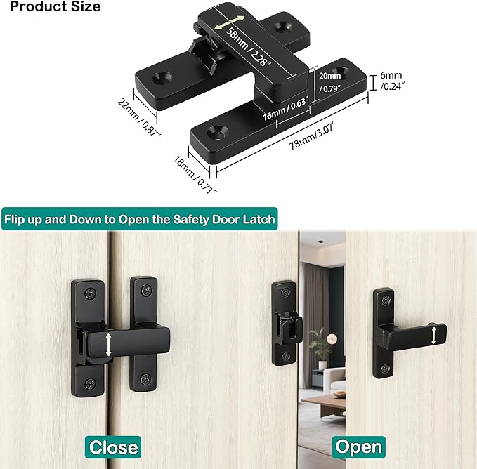 90/180 Degree Flip Latch Gate Latch, Heavy Duty Black Safety Door Lock Enhanced Security Flip Latch Lock Hardware for Interior Door Front Door Barn Garden Fence Window Bathroom Cabinet