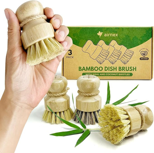 Bamboo Dish Brush Set of 3-100% Plastic Free Kitchen Scrubber with Medium Stiff Sisal and Strong Blend of Coconut Bristles - Non Scratch, Odor Free Wood Scrub for Pots, Pans and Vegetables