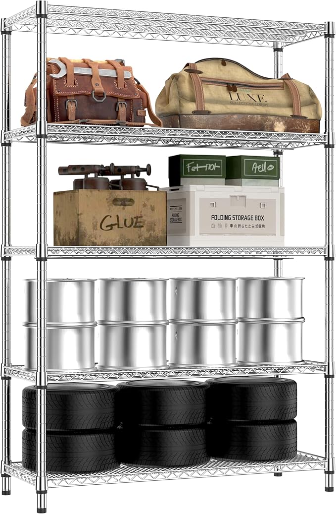 IZEUK 4250 LBS Garage Shelving Wide Storage Shelves 5 Tier Metal Shelves Heavy Duty Adjustable Utility Shelf Rack Chrome 17.7" D x 47.2" W x 70.4" H