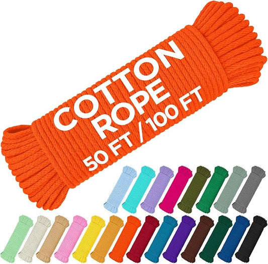 TECEUM Cotton Rope 3/16” (5 mm) – 50 FT – Strong All-Purpose Braided Rope – Natural Cotton – for Crafting, Сamping, Clothes Line, DIY, Indoor & Outdoor Use – Orange