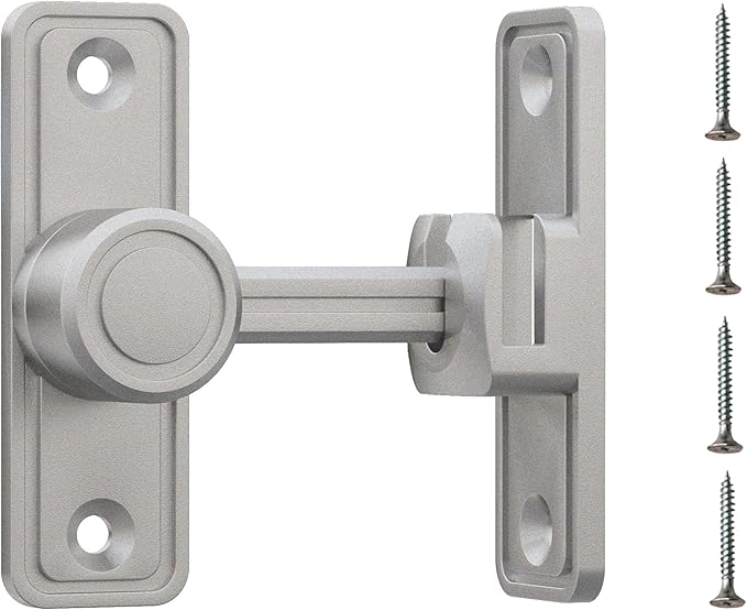 Barn Door Privacy Latch, 90°/180° Swing Slide Lock, Zinc-Alloy, Adhesive or Screw Mount, Interior Use for Bathroom/Bedroom/Closet/Shed, Includes Screws & Glue - Silver