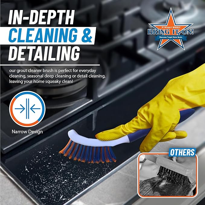 Bring It On Grout Cleaning Brush – Crevice Cleaning Brush with Stiff Nylon Bristles – 8-inch Heavy-Duty Grout and Tile Cleaner Brush – Scrubbing Brush for Corners, Bathroom, Kitchen, Tile, 2 Pack