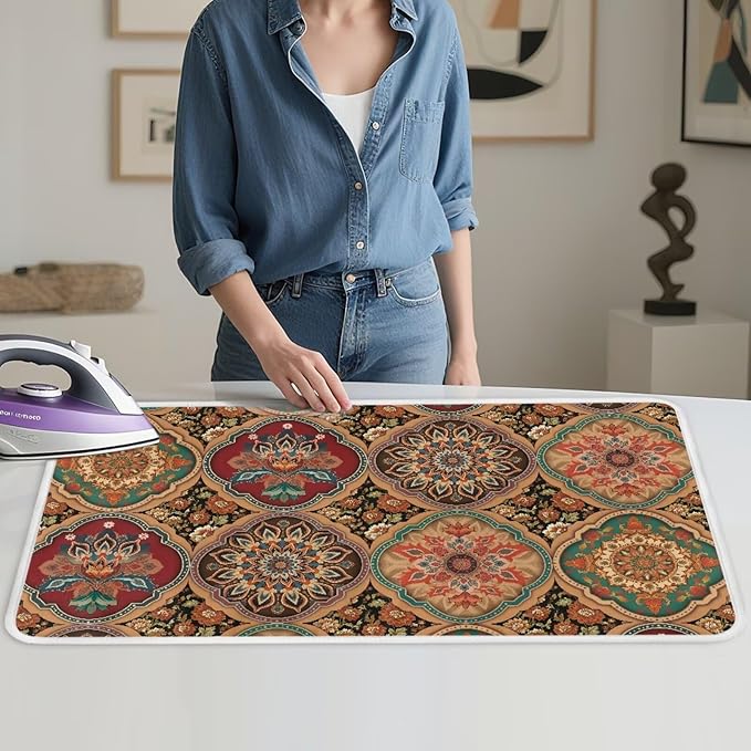 Folding Ironing Mat Heat and Steam Resistant Mandala Ironing Pad 32 x 16 Inch Foldable Iron Mat for Table Top Washer,Dryer,Large Iron Board Mats Irons Pad