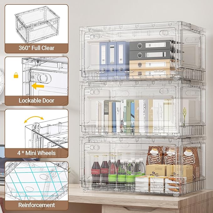 BROVIEW Clear Stackable Storage Bins Drawers, Open Front Large Plastic Storage Bins with Lids, Foldable Closet Organizers and Storage for Wardrobe Cabinets, Pantry, Makeup,3 Pack
