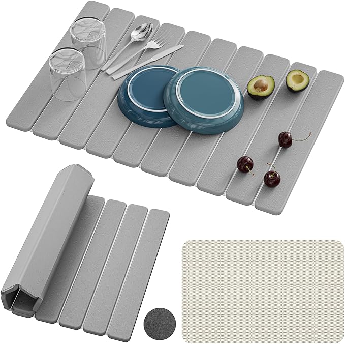 Large Stone Dish Drying Mats for Kitchen Counter – Foldable Quick Dry Stone Mat with Non-Slip Pad & Sandpaper, Super Absorbent Diatomaceous Earth Mat for Dishes and Cups(Ligh Gray 23.5"x15.5")