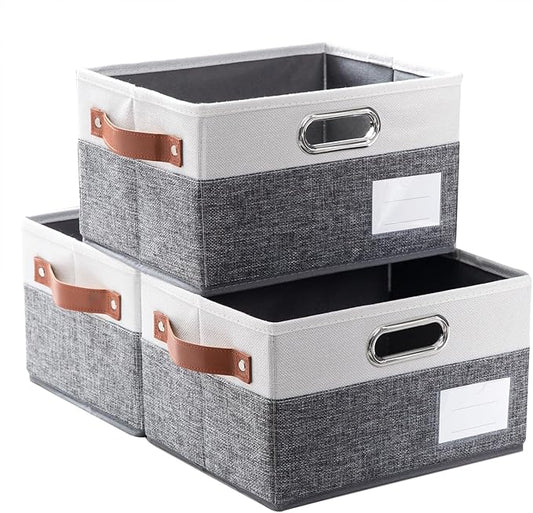 PRANDOM Foldable Storage Bins with Handles [3-Pack] Fabric Collapsible Storage Boxes Baskets Cubes Containers with Handles for Closet Living Room Bedroom (Grey & White 11.5x8.5x6.7'')
