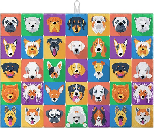 Cute Dogs Dish Drying Mat for Kitchen Counter Microfiber Absorbent Dish Kitchen Drying Mat Draining Reusable Washable for Dishes/Utensils/Counterto