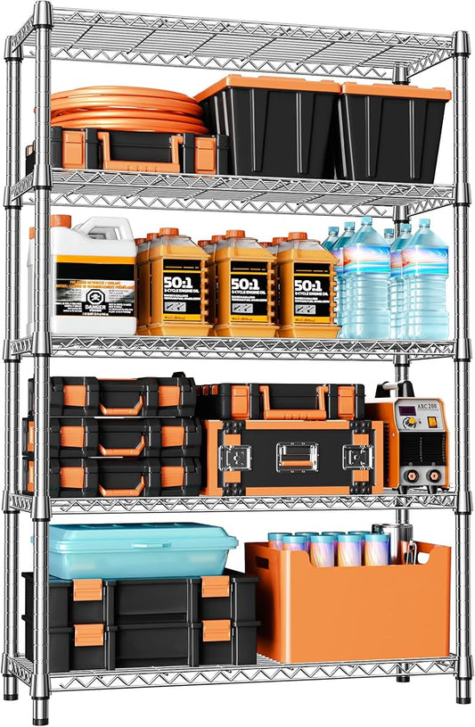 IZEUK 1750LBS Garage Shelving Wide Storage Shelves 5 Tier Metal Shelves Heavy Duty Adjustable Utility Shelf Rack (Chrome, 5 Tier, 15.7" D x 45.3" W x 70.9" H)