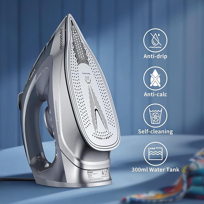 Steam Iron for Clothes Rapid Heating, 1700W Iron Burst of Steam, Non-Stick Ceramic Soleplate, Auto shutoff, Anti-Drip, Self-Cleaning, 10.14oz Water Tank Ironing Clothes for All Fabrics, Grey