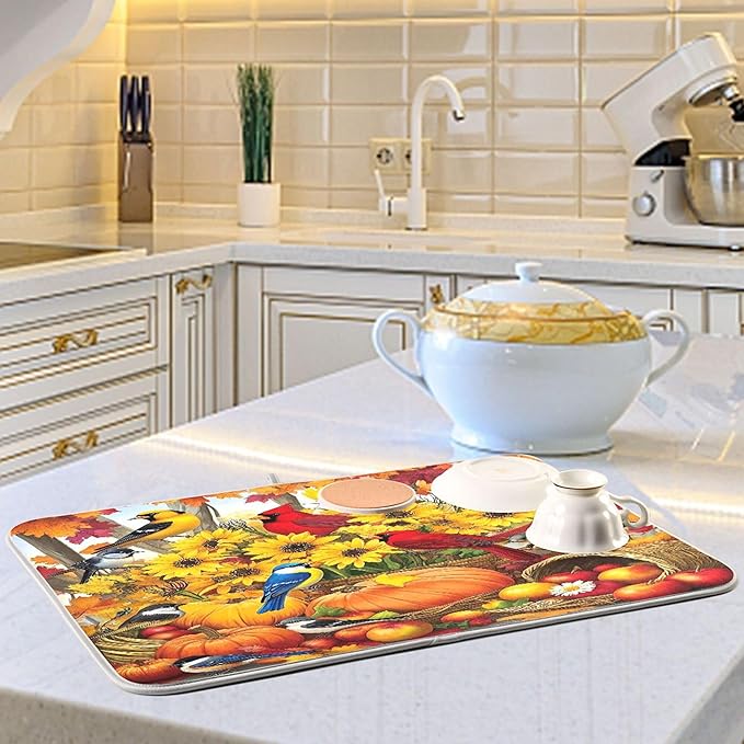 Fall Birds Dish Drying Mat for Kitchen Countertop 18x24 Autumn Pumpkin Sunflower Large Drying Mat Reusable Quick Dry Dish Sink Mats Easy Clean Decorative Essentials