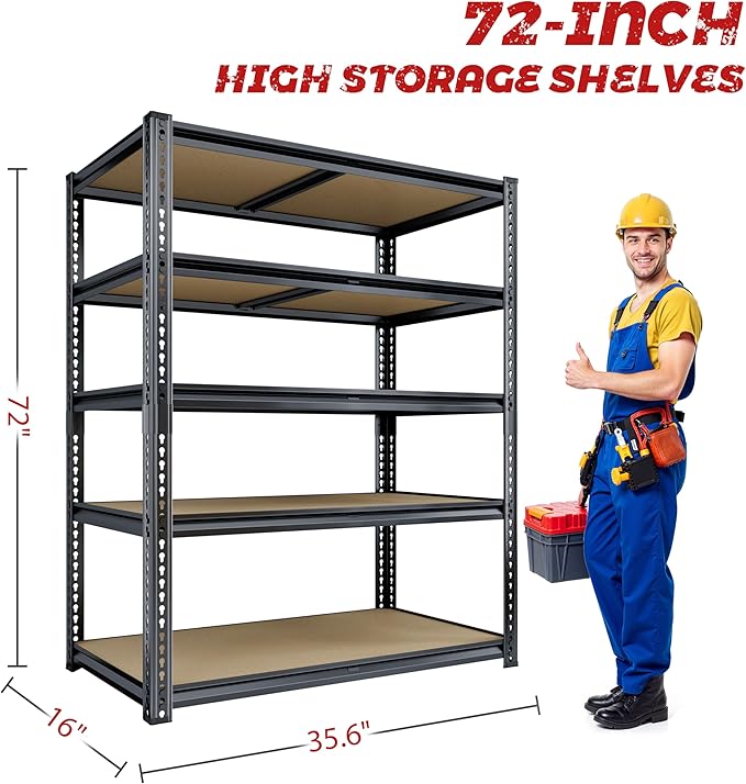 72"H Storage Shelves heavy duty, 2000LBS Garage Shelving, 5 Tier Metal Shelving Unit Adjustable Garage Shelves Rack Shelf for Storage Warehouse Pantry Closet,35.6" W × 16" D × 72" H, Black, 2PCS