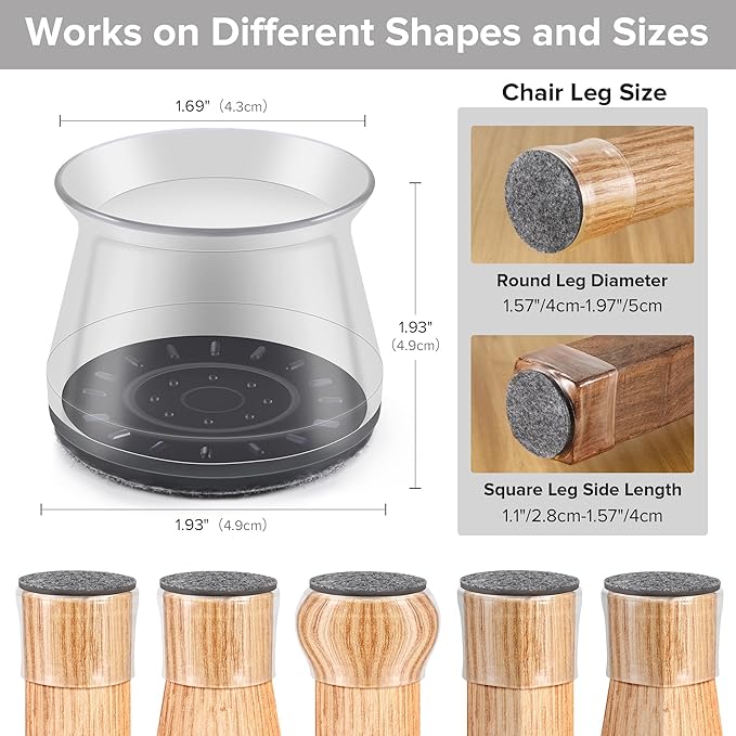 24PCS Upgraded Silicone Chair Leg Floor Protectors for Hardwood Floors, Furniture Sliders for Chair Legs, Felt Bottom Furniture Pads, Anti-Slip Round&Square Cap Covers to Scratch and Reduce Noise