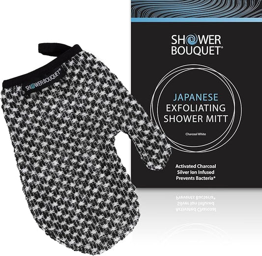 Japanese Exfoliating Mitt for Shower [1-Pack, White] - Charcoal & Silver Ion Exfoliating Glove - Gentle Exfoliation & Deep Cleansing Shower Mitt - Exfoliating Body Scrubber Glove, Soft Fabric Inside