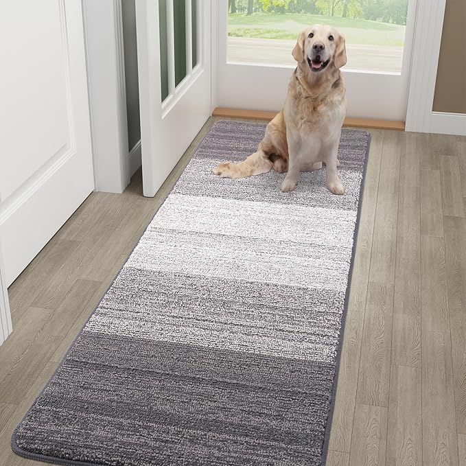 Kitinjoy Indoor Outdoor Door Mat, 59x20 Non-Slip Absorbent Dirt Trapper, Low-Profile Washable Inside Entrance Front Floor Mat, Sturdy Soft Entry Doormats for Entryway, Light Grey