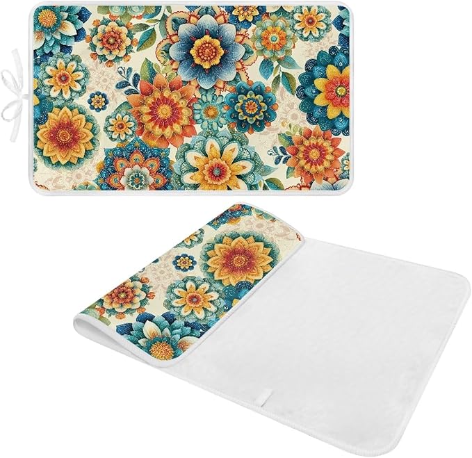 Boho Ironing Mat Foldable Ironing Pad Portable Board Iron Board Alternative Cover,Foldable Cover Flower Small Iron Mat for Table Top,Washer and Dryer 32 x 16 Inch