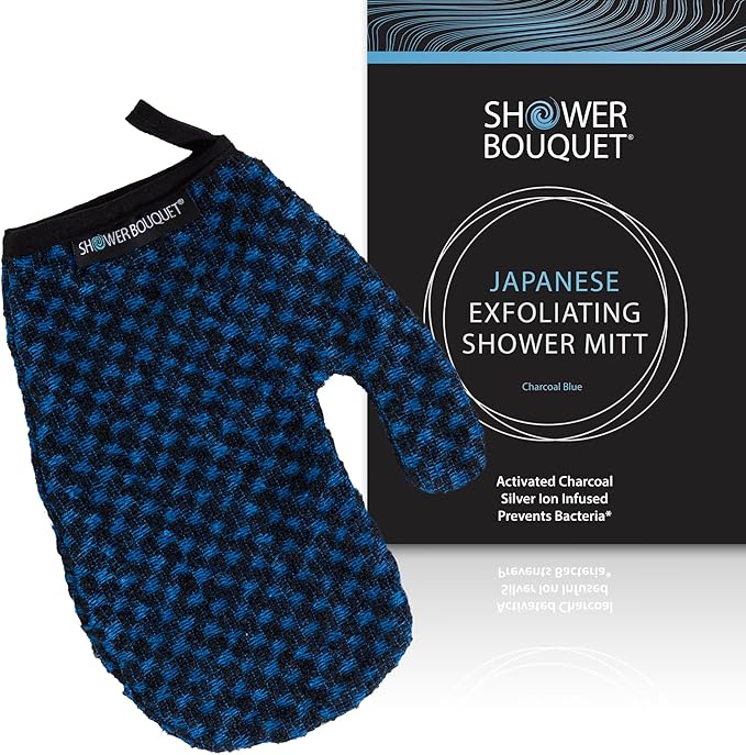 Japanese Exfoliating Mitt for Shower [1-Pack, Blue] - Charcoal & Silver Ion Exfoliating Glove - Gentle Exfoliation & Deep Cleansing Shower Mitt - Exfoliating Body Scrubber Glove, Soft Fabric Inside