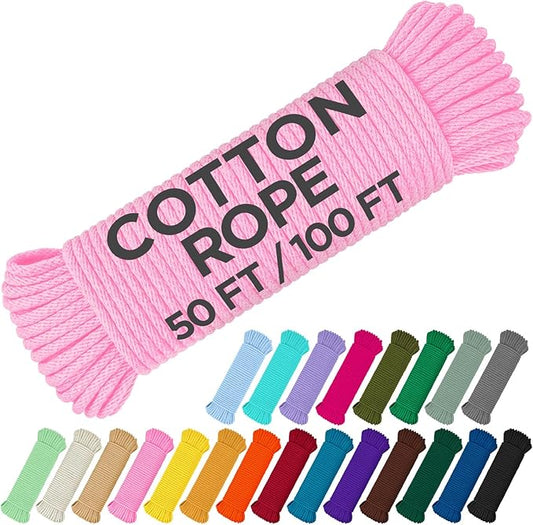 TECEUM Cotton Rope 3/16” (5 mm) – 100 FT – Strong All-Purpose Braided Rope – Natural Cotton – for Crafting, Сamping, Clothes Line, DIY, Indoor & Outdoor Use – Pink