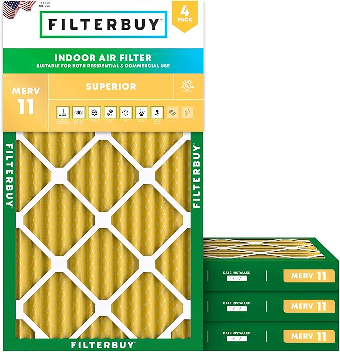 Filterbuy 14x25x2 Air Filter MERV 11 (MPR 1200) Allergen Defense Replacement (4-Pack), Electrostatic Pleated HVAC AC Furnace Filters, Made in USA (Actual Size: 13.50 x 24.50 x 1.75)