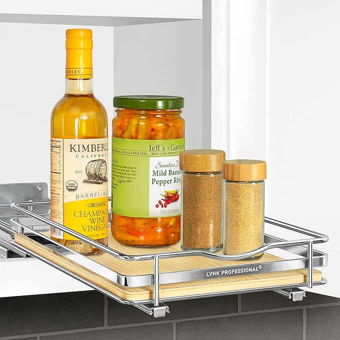 LYNK PROFESSIONAL® Élite™ Pull Out Spice Rack Organizer for Inside Kitchen Cabinets - 8-1/4 inch Wide - Slide Out Drawer – Wood/Chrome Sliding Spice Cabinet Organization Shelf Racks - 1 Tier
