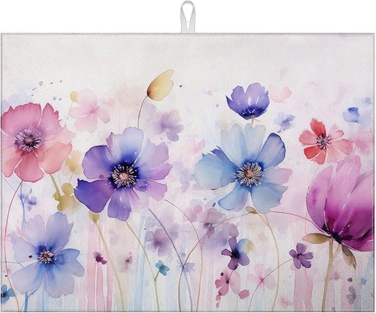 Watercolor Flowers Dish Drying Mat for Kitchen Counter Microfiber Absorbent Dish Kitchen Drying Mat Draining Reusable Washable for Dishes/Utensils/Counterto