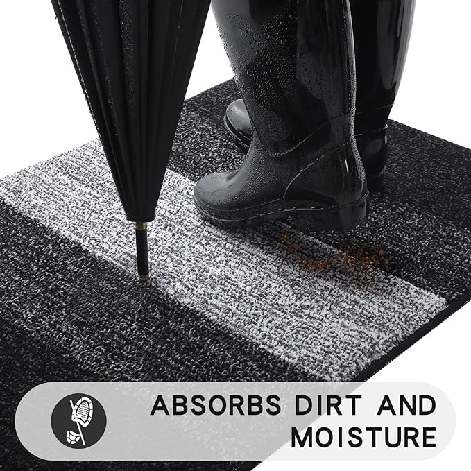 Kitinjoy Indoor Outdoor Door Mat, 48x32 Non-Slip Absorbent Dirt Trapper, Low-Profile Washable Inside Entrance Front Floor Mat, Sturdy Soft Entry Doormats for Entryway, Black