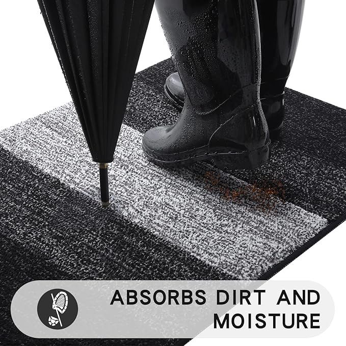 Kitinjoy Indoor Outdoor Door Mat, 71x47 Non-Slip Absorbent Dirt Trapper, Low-Profile Washable Inside Entrance Front Floor Mat, Sturdy Soft Entry Doormats for Entryway, Black
