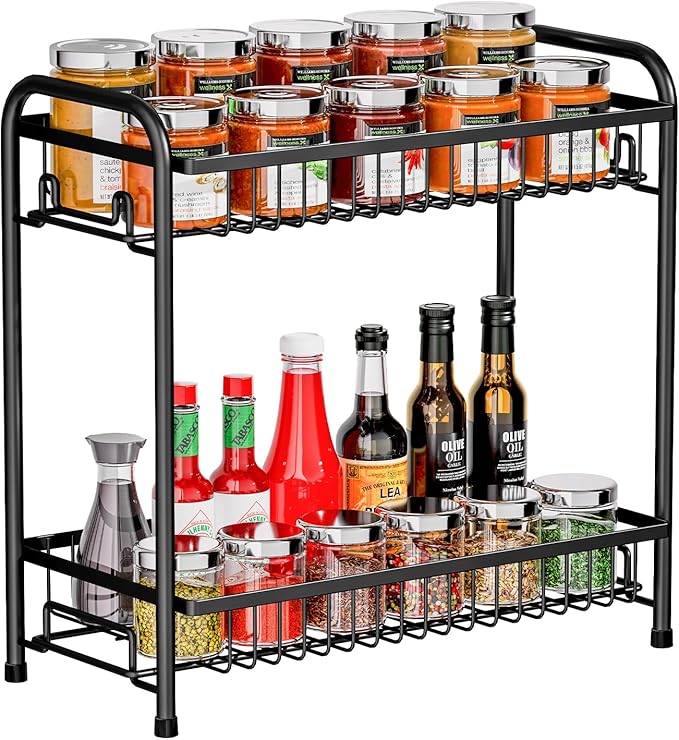 Spice Rack for Countertop, 2-Tier Standing Sturdy Metal Seasoning Organizer Holder, Space Saving Spice Shlef for Kitchen, Cabinet, Pantry Storage, Easy Assembly, Black