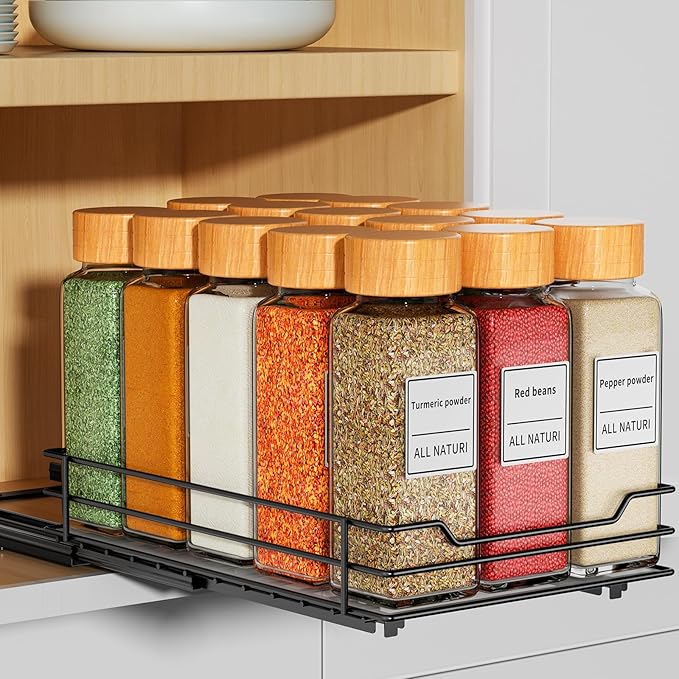 RCHYFEED Pull Out Spice Rack Organizer for Cabinet,Slide out Spice Organizer for Inside Cabinets,Heavy Duty Spice Organization for Kitchen and Pantry,Seasoning,Sauces(1-Tier,6.5" Wx10.5 Dx2.5 H)