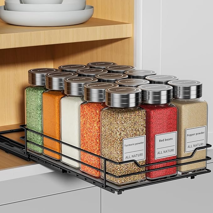 RCHYFEED Pull Out Spice Rack Organizer for Cabinet,Slide out Spice Organizer for Inside Cabinets,Heavy Duty Spice Organization for Kitchen and Pantry,Seasoning,Sauces(1-Tier,6.5" Wx10.5 Dx2.5 H)